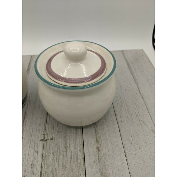 Pfaltzgraff JUNIPER Creamer & Sugar Set Teal Blue Green & Purple Mauve Trim Lid - Picture 2 of 8